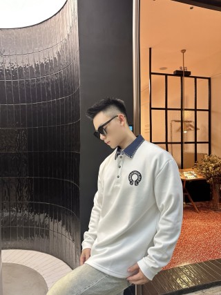 White Long Sleeve Polo Shirt with Denim Collar view 6