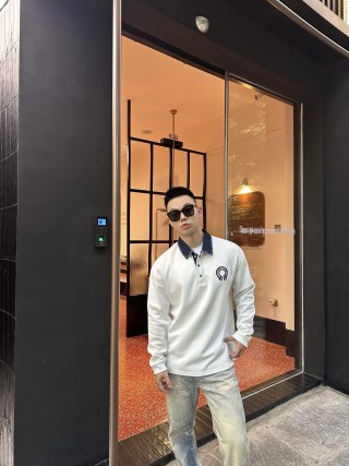 White Long Sleeve Polo Shirt with Denim Collar view 7