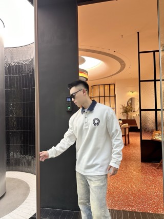 White Long Sleeve Polo Shirt with Denim Collar view 9