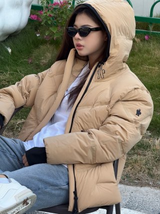 Beige Puffer Down Jacket with Hood