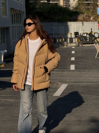 Beige Puffer Down Jacket with Hood view 9