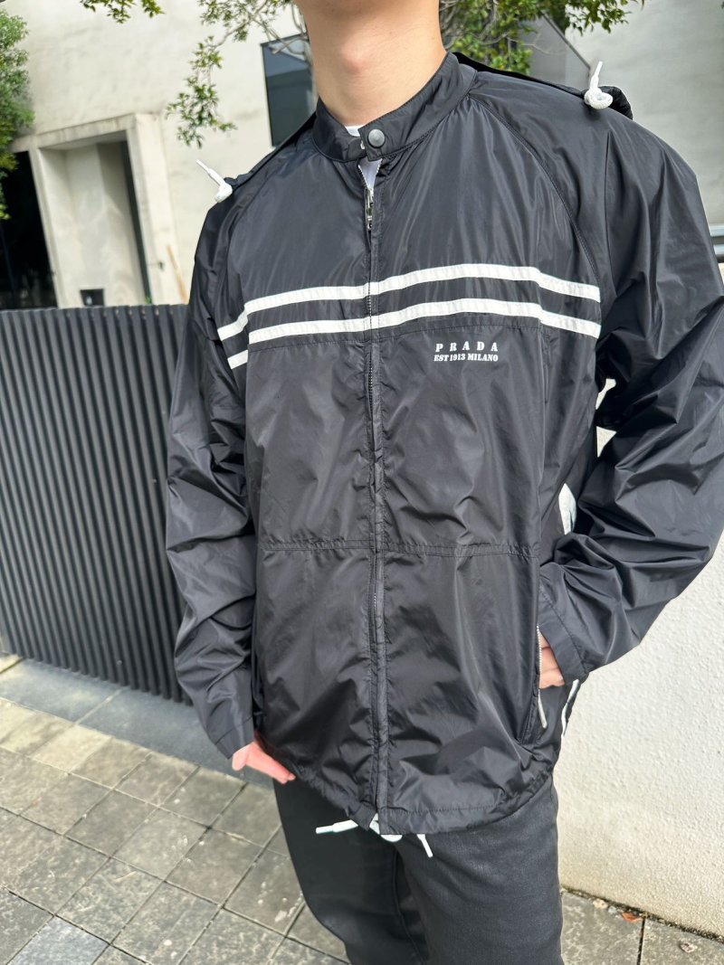 Prada Black Nylon Windbreaker Jacket with White Stripes