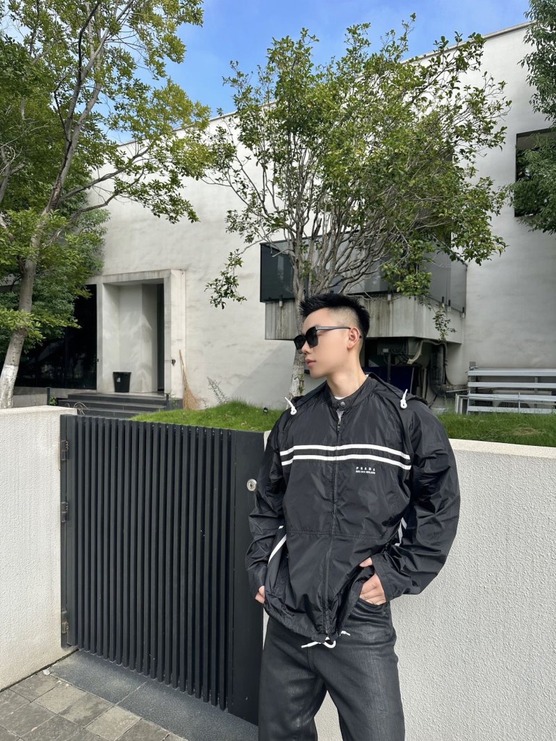 Prada Black Nylon Windbreaker Jacket with White Stripes view