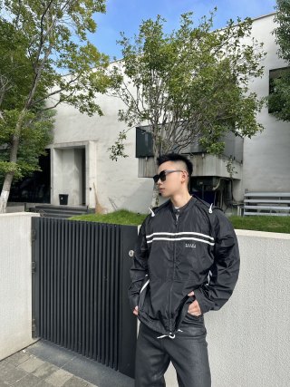 Prada Black Nylon Windbreaker Jacket with White Stripes view 3