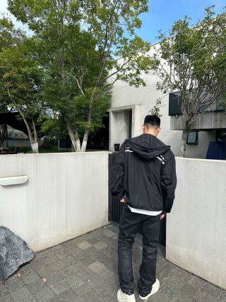 Prada Black Nylon Windbreaker Jacket with White Stripes view 4