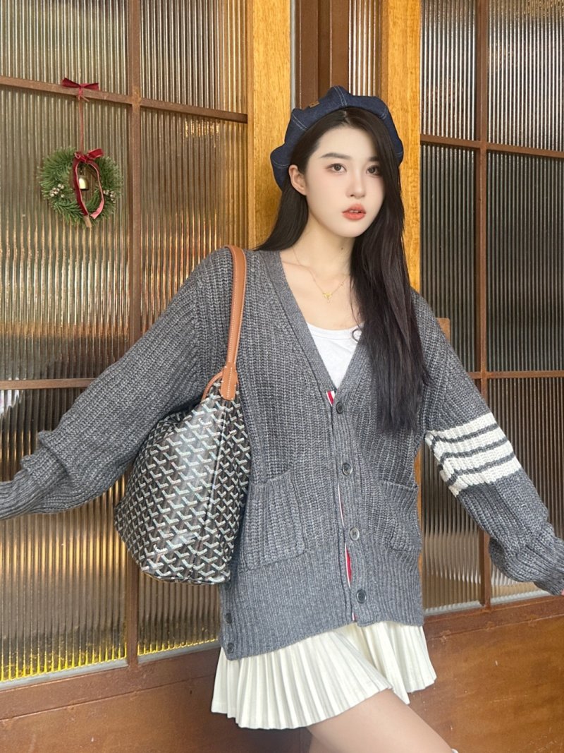 Grey Ribbed Knit Cardigan with Striped Sleeves