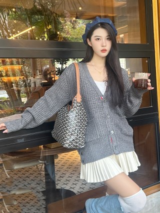 Grey Ribbed Knit Cardigan with Striped Sleeves view 2