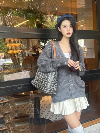 Grey Ribbed Knit Cardigan with Striped Sleeves view 3
