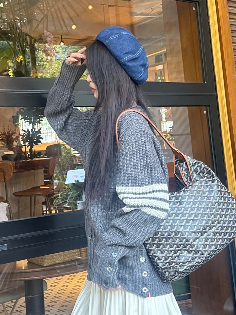 Grey Ribbed Knit Cardigan with Striped Sleeves view
