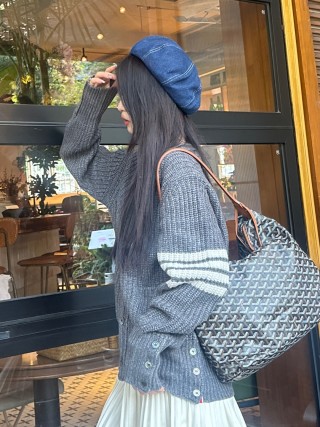Grey Ribbed Knit Cardigan with Striped Sleeves view 5