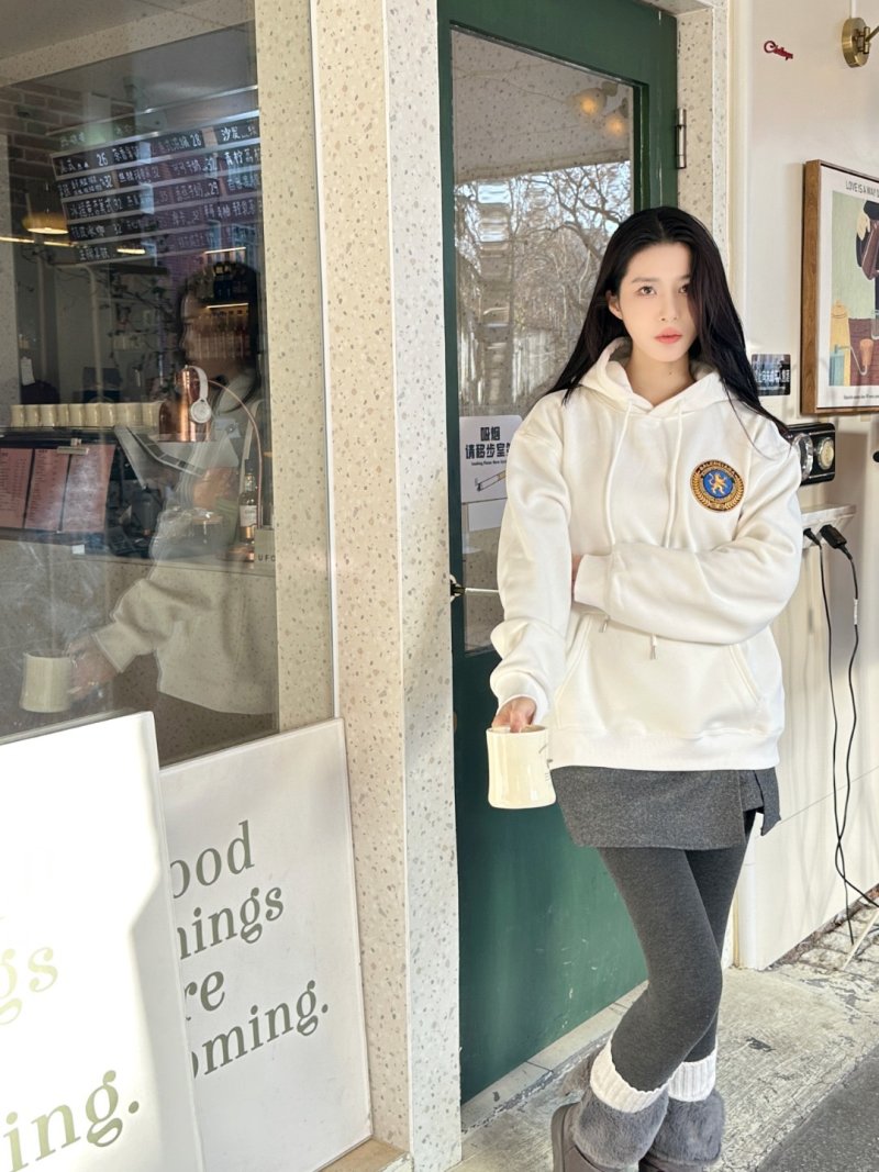 Cream Emblem Hoodie with Drawstring