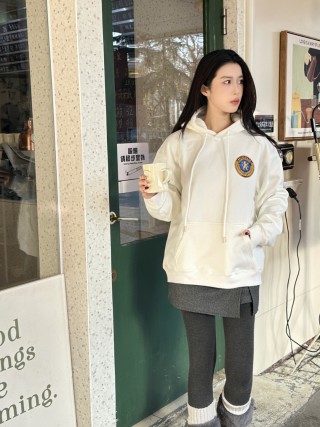 Cream Emblem Hoodie with Drawstring view 2