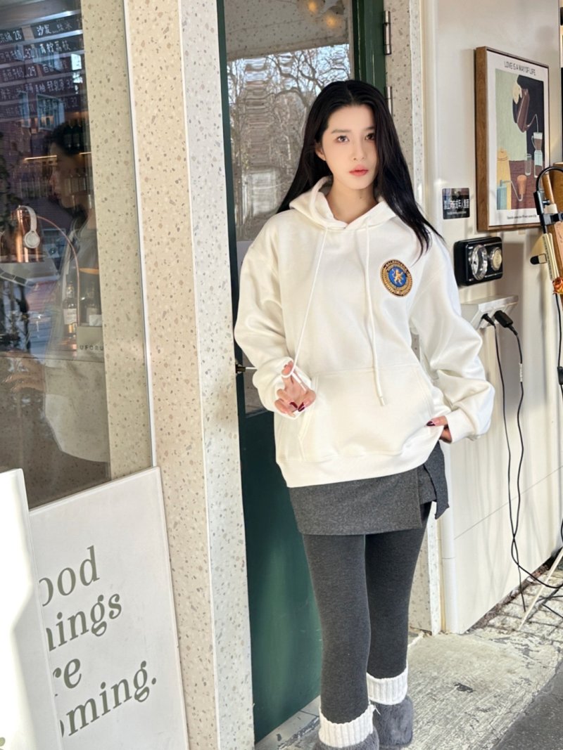 Cream Emblem Hoodie with Drawstring view