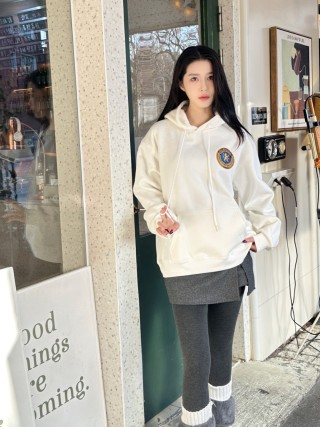 Cream Emblem Hoodie with Drawstring view 3