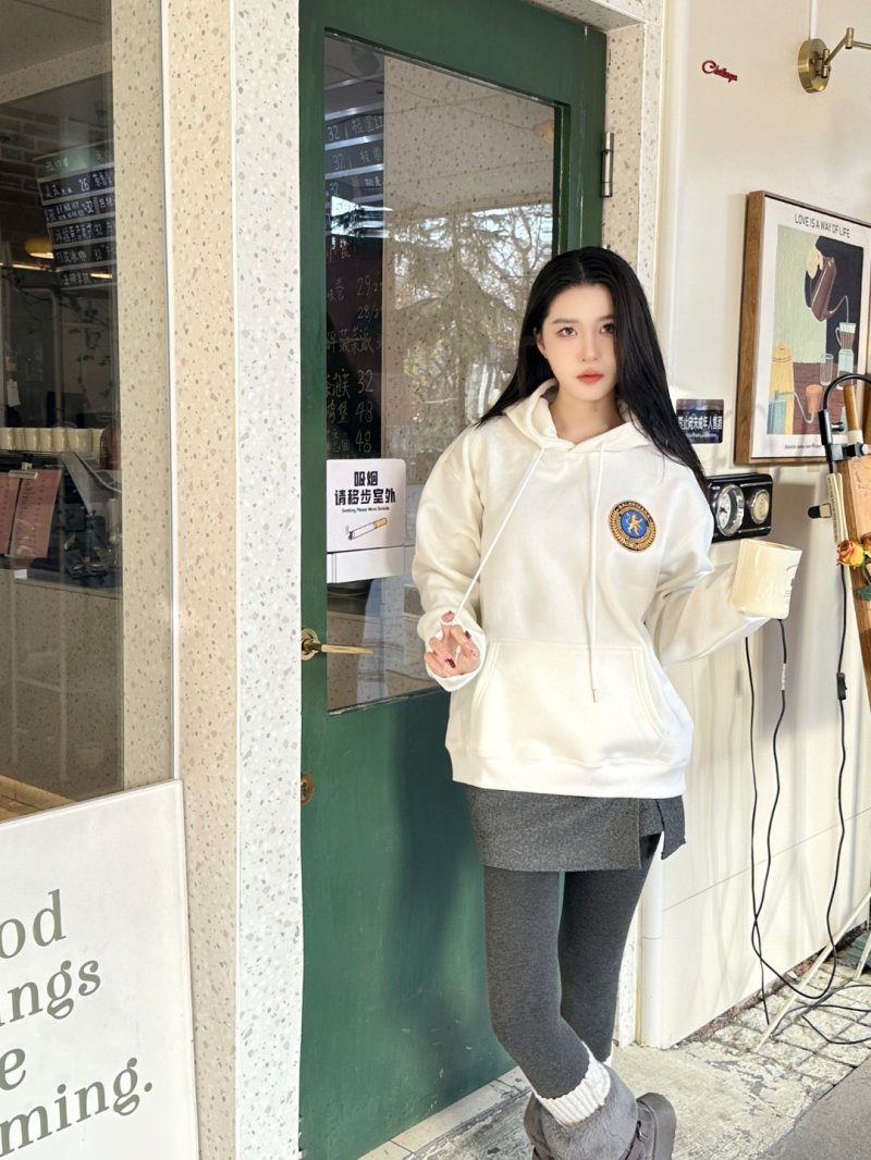 Cream Emblem Hoodie with Drawstring view