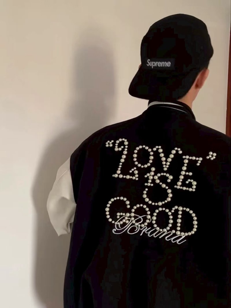 Love is Good Black & White Varsity Bomber Jacket view