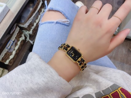 Chanel Gold & Black Leather Woven Band Watch view 8