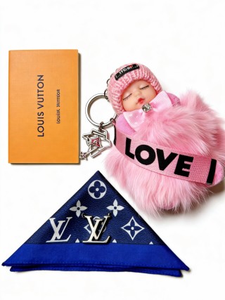 Louis Vuitton Pink Doll Keychain with LV Strap view 3