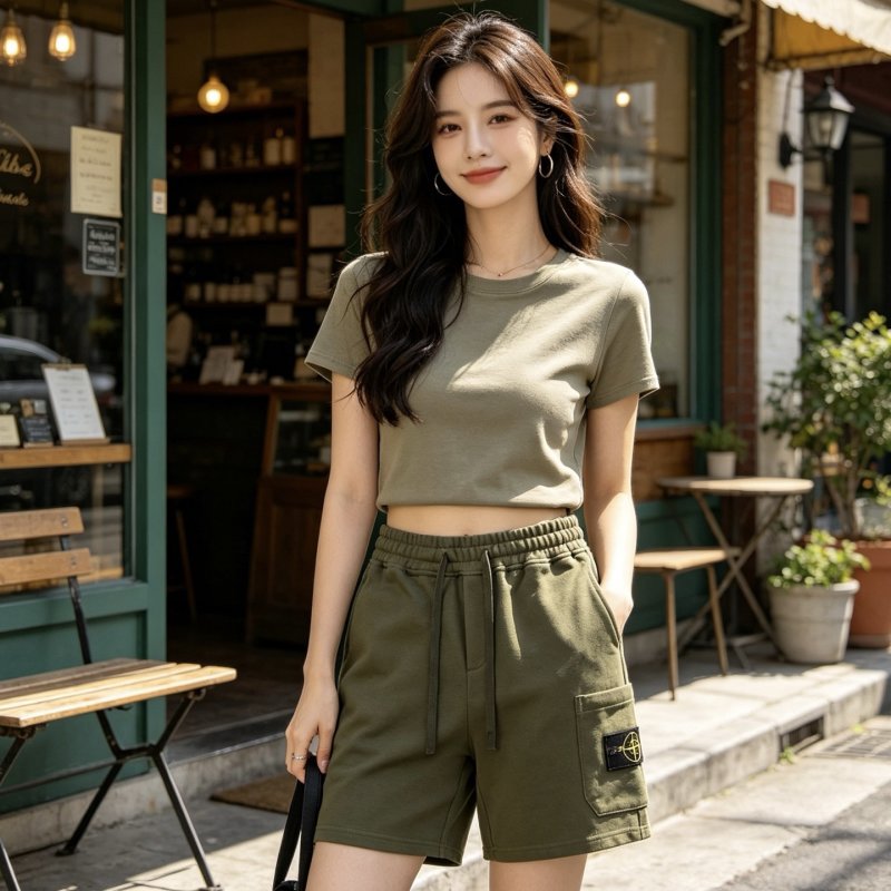 Olive Green Cargo Shorts with Tank Top Set view