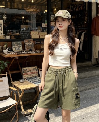 Olive Green Cargo Shorts with Tank Top Set view 3