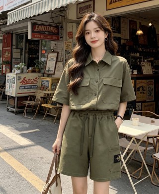 Olive Green Cargo Shorts with Tank Top Set view 4