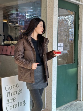Brown Quilted Down Jacket with Oversized Fit view 4