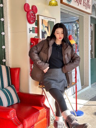 Brown Quilted Down Jacket with Oversized Fit view 7