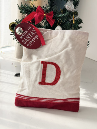 Red & Cream Canvas Initial D Holiday Gift Tote Bag