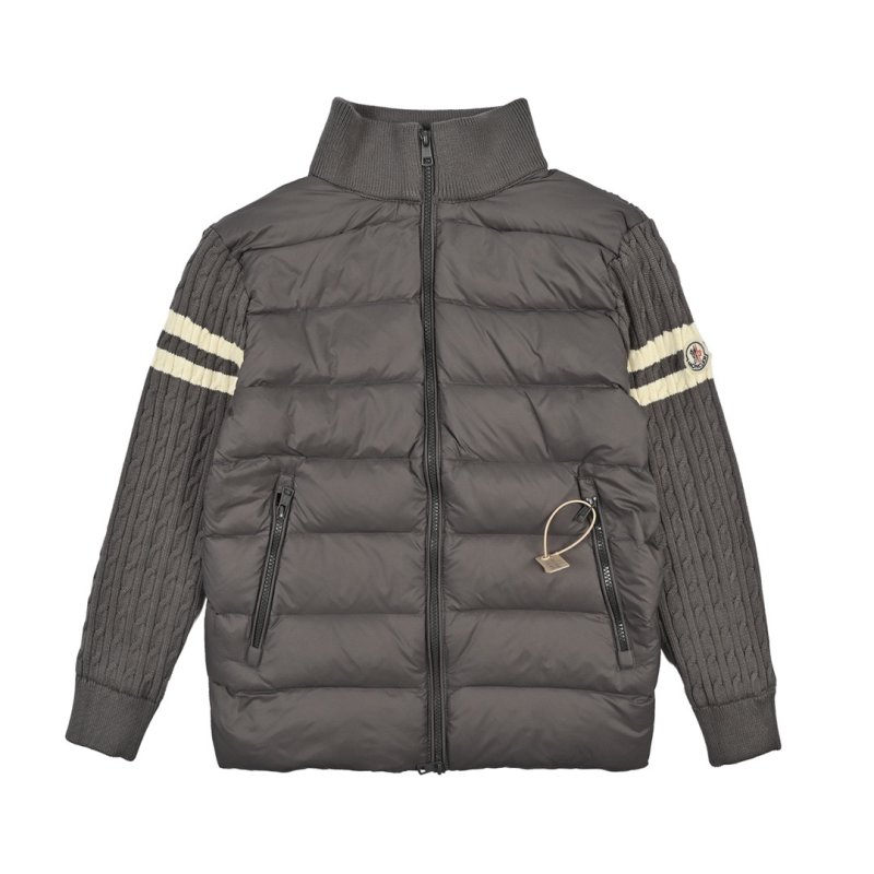Grey Ribbed Collar Down Puffer Jacket with Stripe Trim view