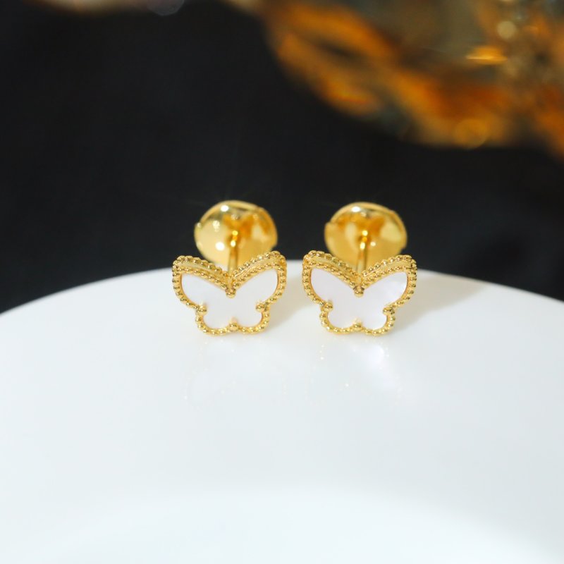 White Butterfly Stud Earrings - Gold Plated