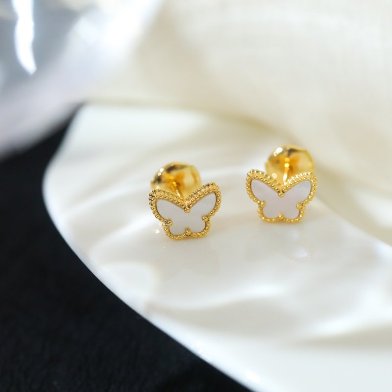 White Butterfly Stud Earrings - Gold Plated view