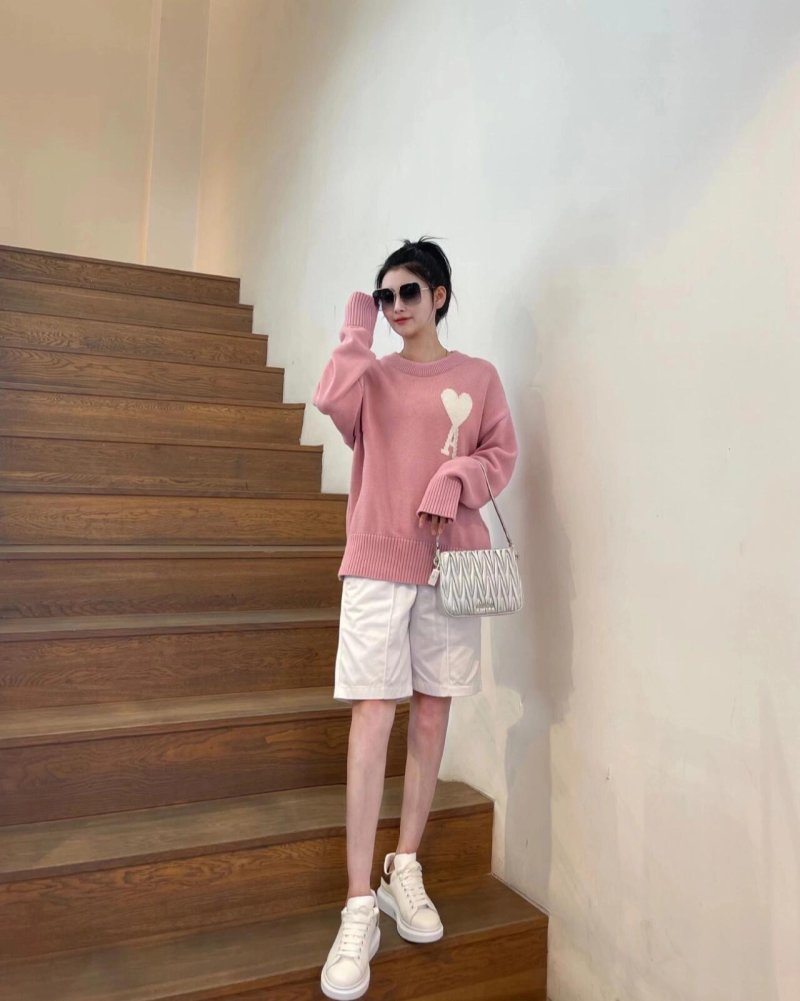 Pink Heart Knit Sweater with Ribbed Sleeves