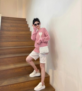 Pink Heart Knit Sweater with Ribbed Sleeves view 2