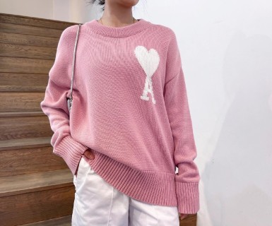 Pink Heart Knit Sweater with Ribbed Sleeves view 3