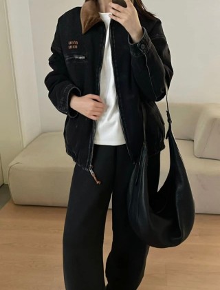 Miu Miu Black Nylon Zip Jacket with Corduroy Collar view 11