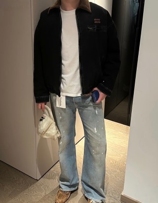 Miu Miu Black Nylon Zip Jacket with Corduroy Collar view 12