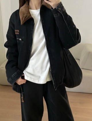 Miu Miu Black Nylon Zip Jacket with Corduroy Collar view 7
