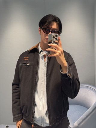 Miu Miu Black Nylon Zip Jacket with Corduroy Collar view 8