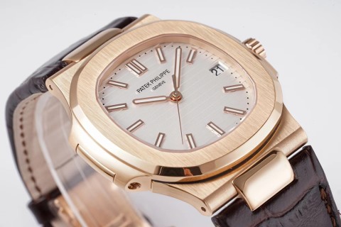Patek Philippe Nautilus Rose Gold White Dial Leather Watch view 2