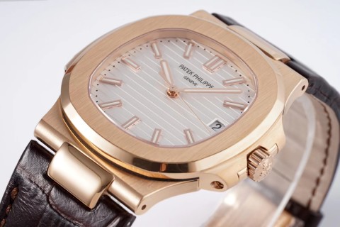 Patek Philippe Nautilus Rose Gold White Dial Leather Watch view 3