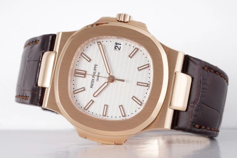 Patek Philippe Nautilus Rose Gold White Dial Leather Watch view 4