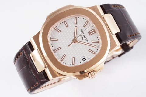 Patek Philippe Nautilus Rose Gold White Dial Leather Watch view 5