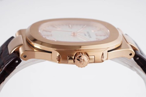 Patek Philippe Nautilus Rose Gold White Dial Leather Watch view 6