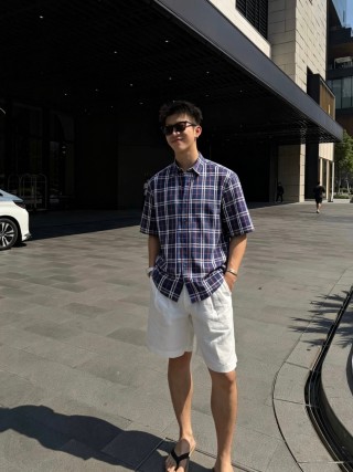 Navy Blue Plaid Short Sleeve Button-Up Shirt