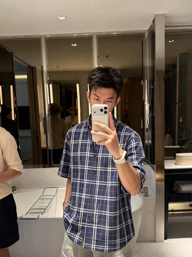 Navy Blue Plaid Short Sleeve Button-Up Shirt view