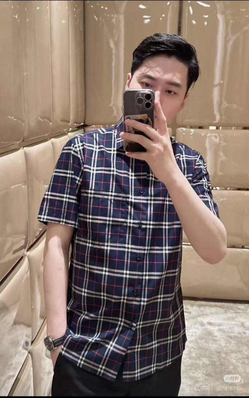 Navy Blue Plaid Short Sleeve Button-Up Shirt view