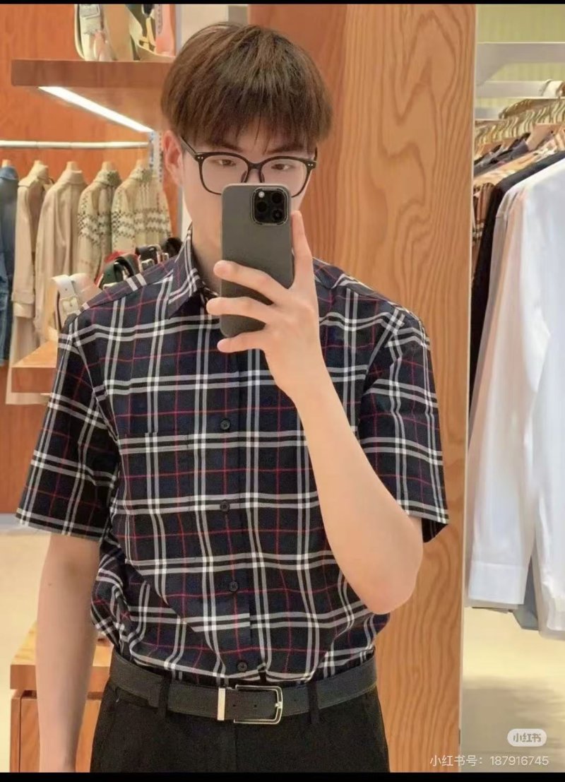 Navy Blue Plaid Short Sleeve Button-Up Shirt view