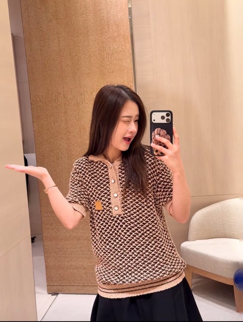 Brown Houndstooth Short Sleeve Knit T-Shirt
