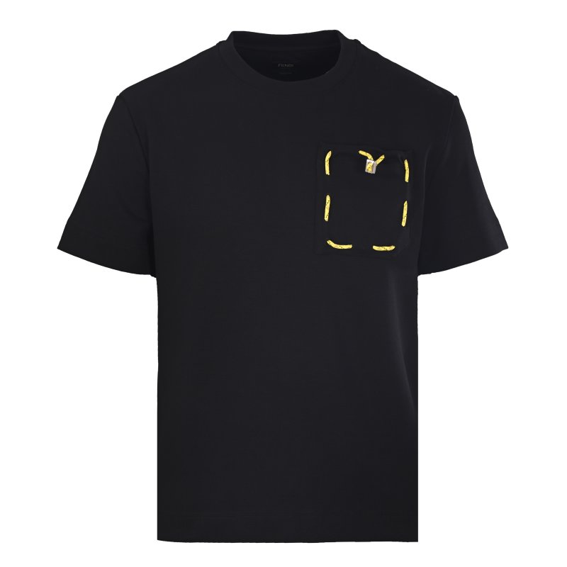 Black Short Sleeve T-Shirt with Yellow Embroidered Pocket Detail view