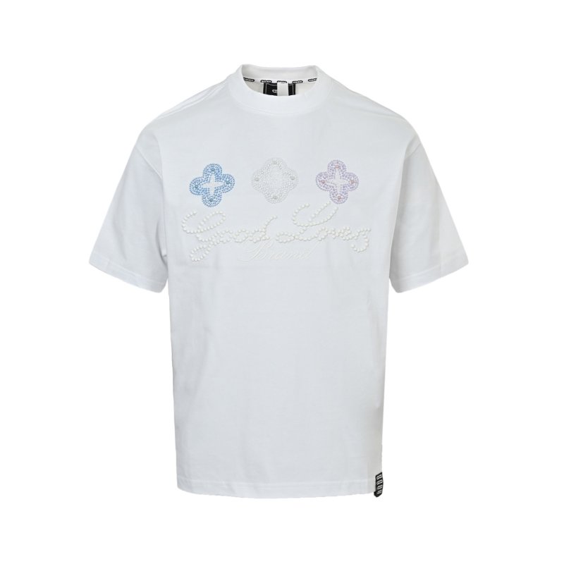 Cream Embellished Graphic T-Shirt with Floral Rhinestone Design view